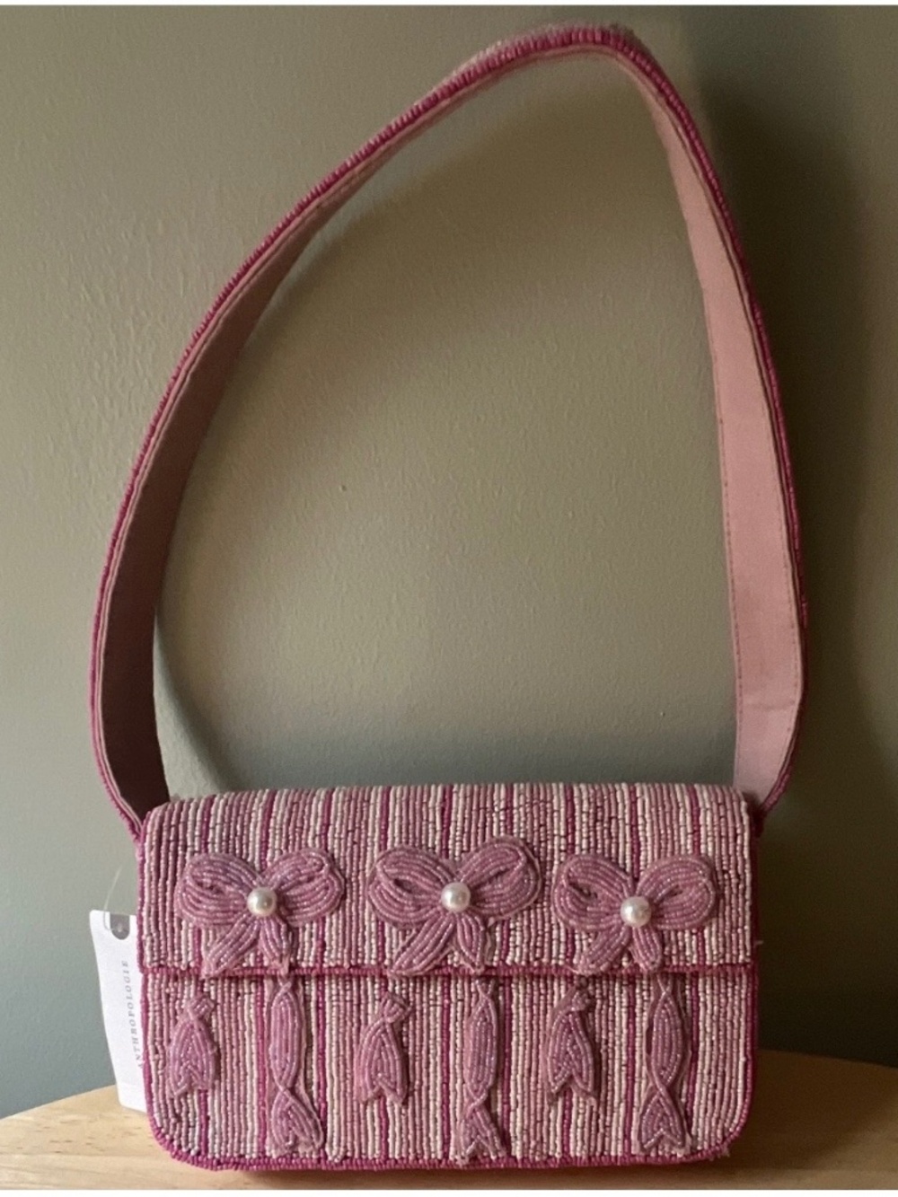 Pink Beaded Shoulder Bag with Floral Appliqué